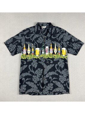 Beer Print Hawaiian Shirt Mens M Black Made in Hawaii Aloha Republic VTG Camp